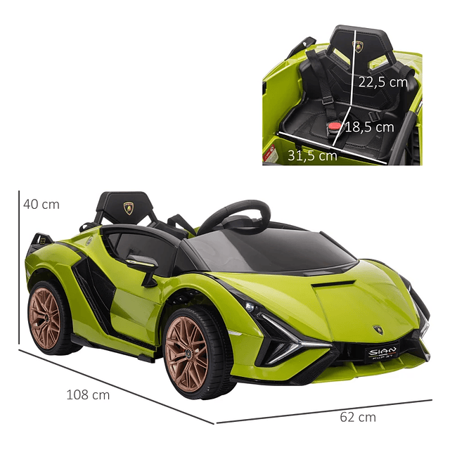 Carro Elétrico Lamborghini SIAN 12V para Crianças de 3-8 anos com Controle Remoto Abertura da Porta Música MP3 USB e Faróis 108x62x40cm