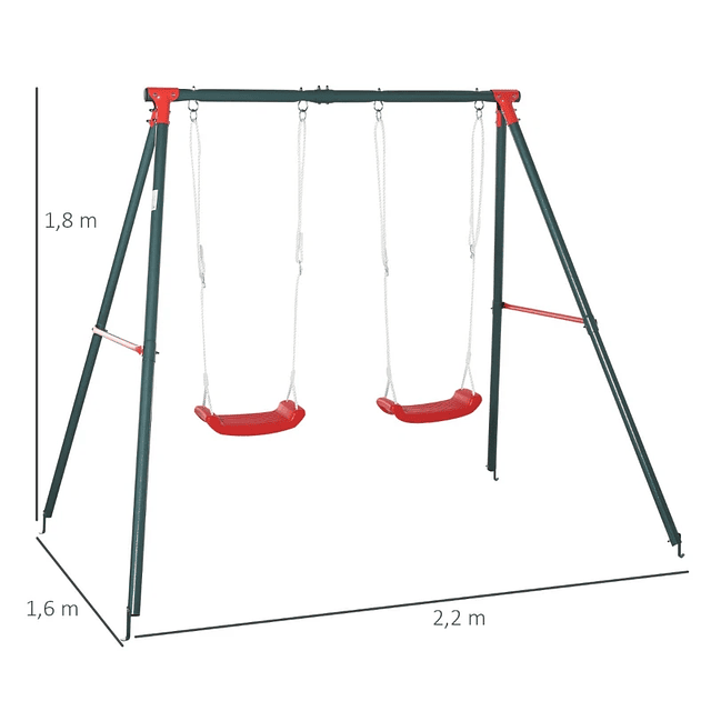 Double swing for children over 3 years old with metal support Adjustable rope load 40kg 220x160x180cm Green Red