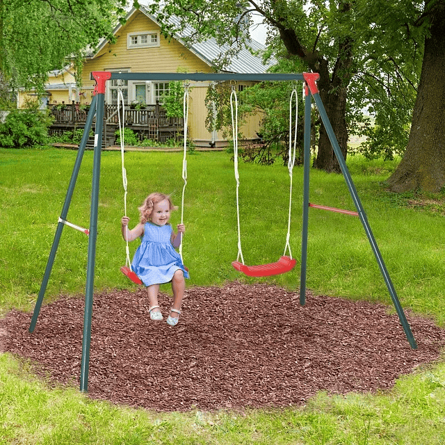 Double swing for children over 3 years old with metal support Adjustable rope load 40kg 220x160x180cm Green Red