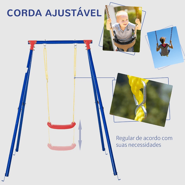 Metal swing for children over 6 years old with adjustable rope seat 4 external anchors max. 40 kg 155x160x180cm Multicolor