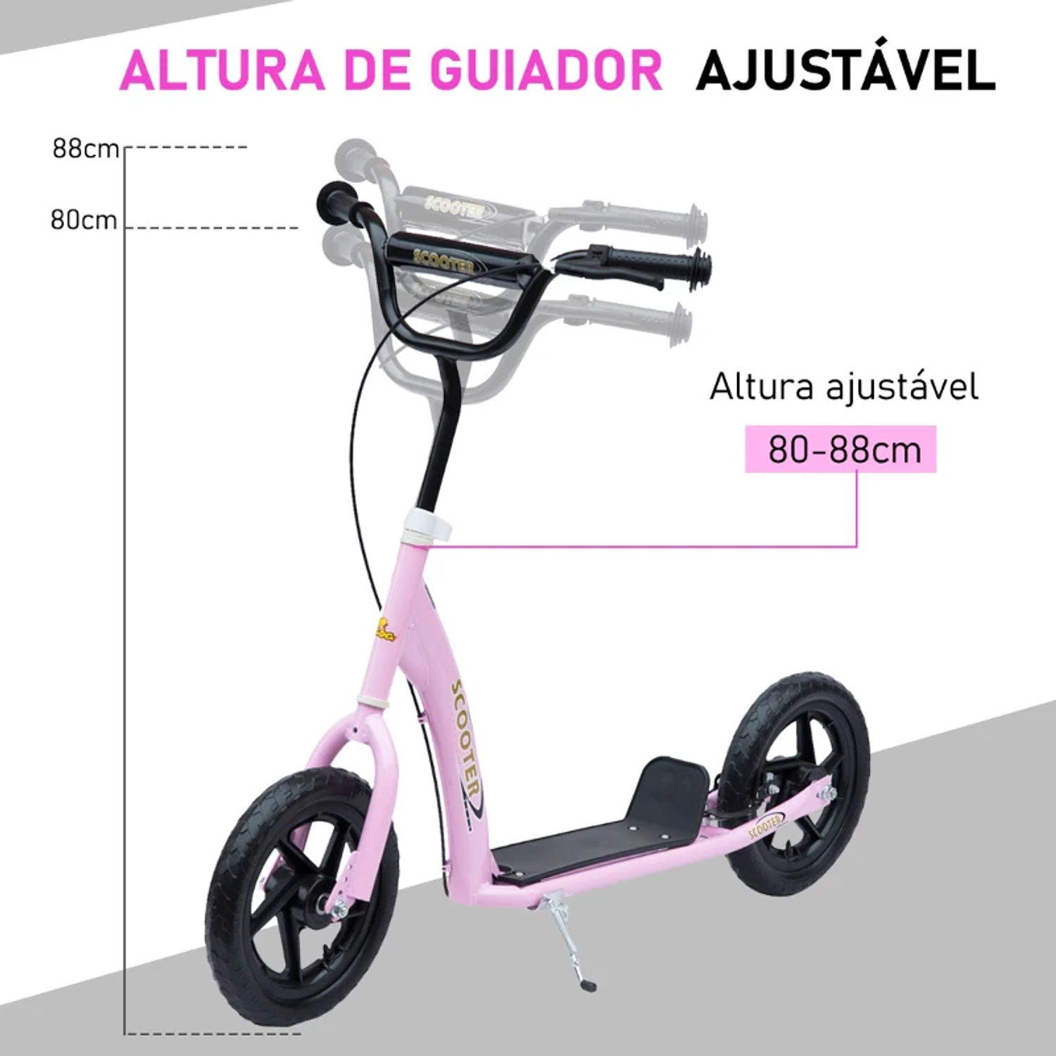 Trotinete para Crianças acima de 5 anos Scooter de 2 Rodas Grandes de 12 Polegadas com Freio e Guidão Ajustável em Altura Carga Máx. 100kg 120x52x80-88cm 7