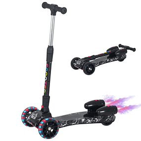 folding scooter for children over 3 years old with adjustable height in 4 levels, music lights and water fog 61x26x63-81 cm - Black