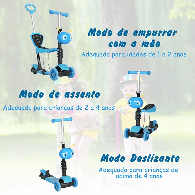 Patinete 5 en 1 para niños a partir de 1 año Patinete de 3 ruedas con asiento desmontable, manillar regulable 62x25x72,5 cm Azul