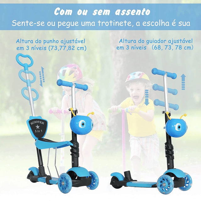 Patinete 5 en 1 para niños a partir de 1 año Patinete de 3 ruedas con asiento desmontable, manillar regulable 62x25x72,5 cm Azul
