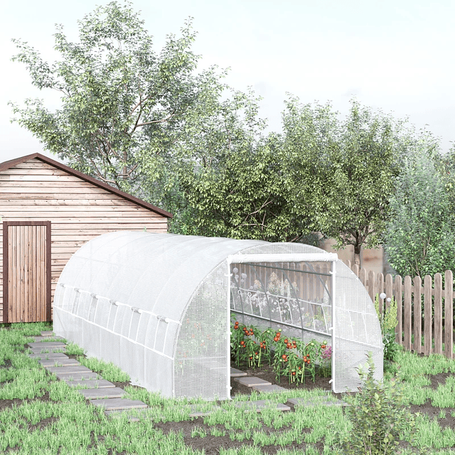Invernadero tipo túnel 800x300x200cm con 12 ventanas y puerta enrollable 140g/m² cubierta de PE y acero para el cultivo de plantas verdes blanco