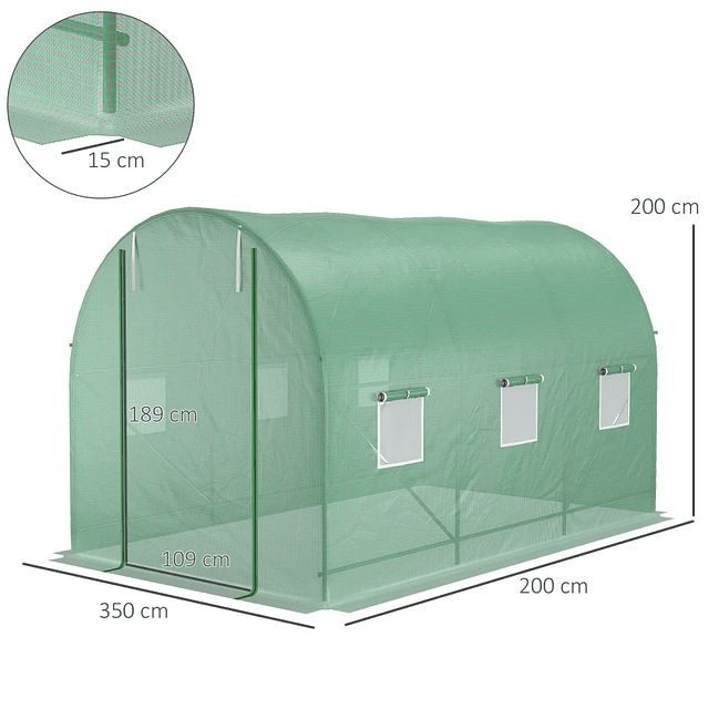 Invernadero tipo túnel de jardín 350x200x200cm Invernadero de jardín con 6 ventanas transpirables y puerta enrollable con cremallera para cultivar plantas y vegetales verdes