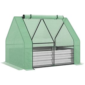 Small House Type Garden Greenhouse with Indoor Steel Planting Box Roll-Up Window and PE Cover 40g/m² for Growing Plants Flowers 127x95x92cm Green