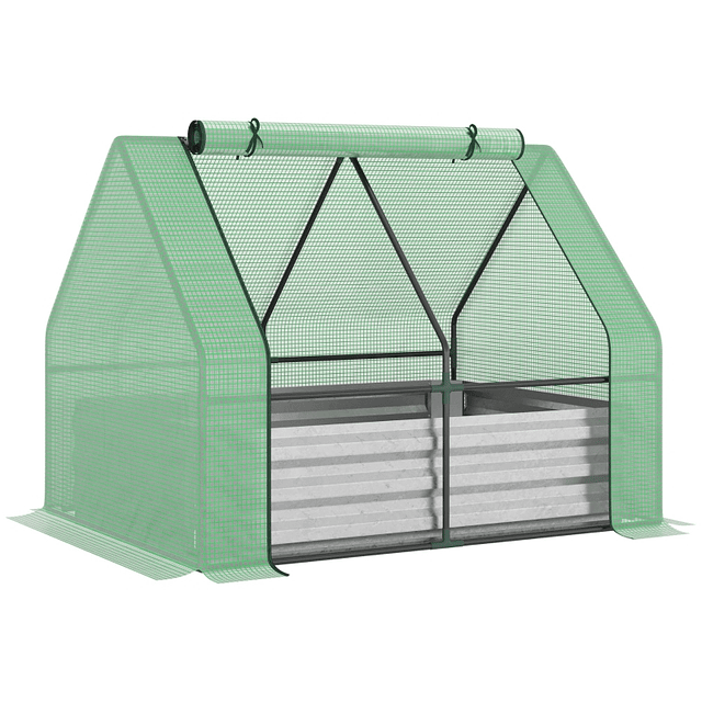 Invernadero de jardín tipo casa pequeña con caja de plantación de acero para interiores Ventana enrollable y cubierta de PE 40 g/m² para plantas en crecimiento Flores 127x95x92cm Verde