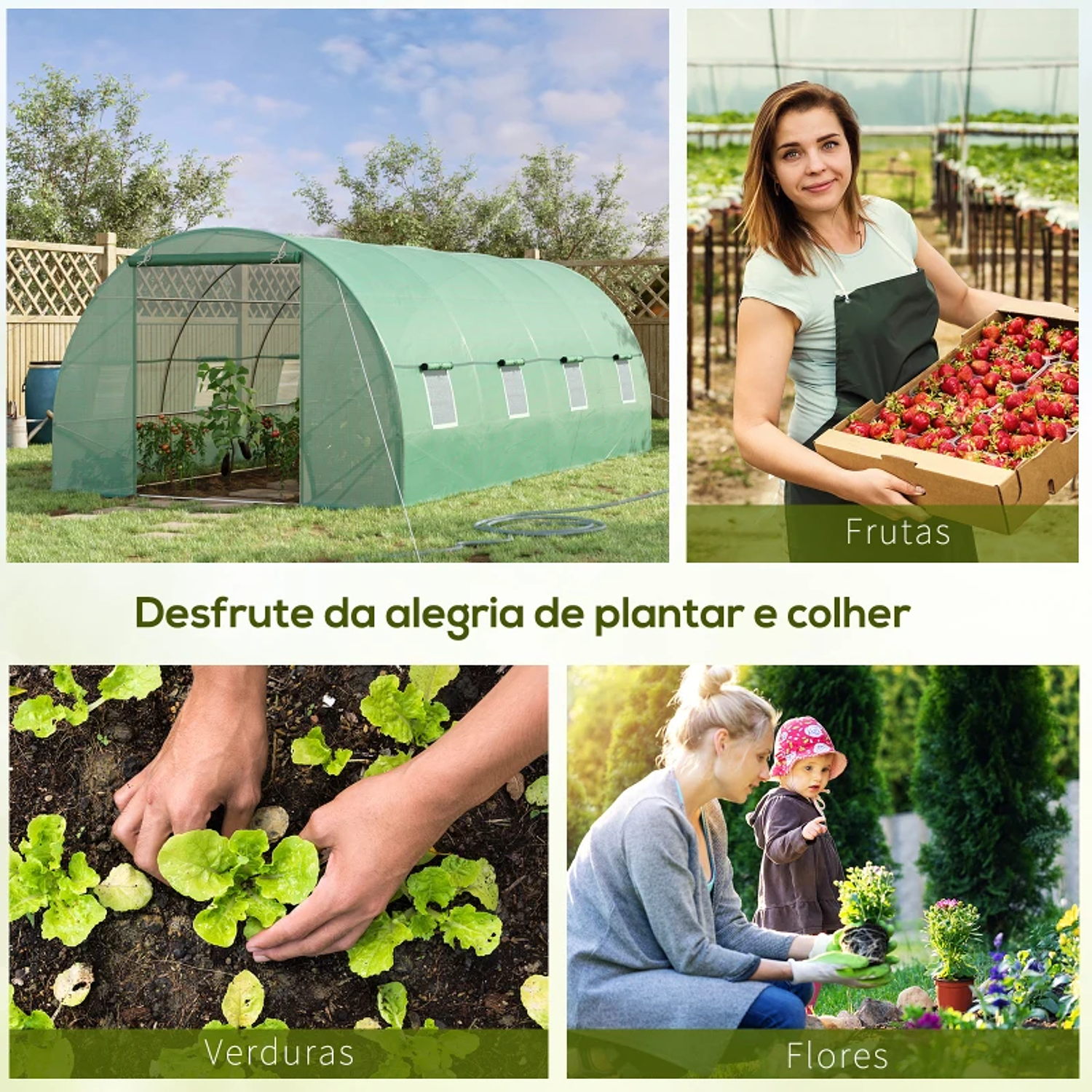 Estufa Tipo Túnel 590x300x200cm com Porta Enrolável 8 Janelas Cobertura de PE 140g/m² e Tubo de Aço para Cultivos de Plantas Verduras Verde  3