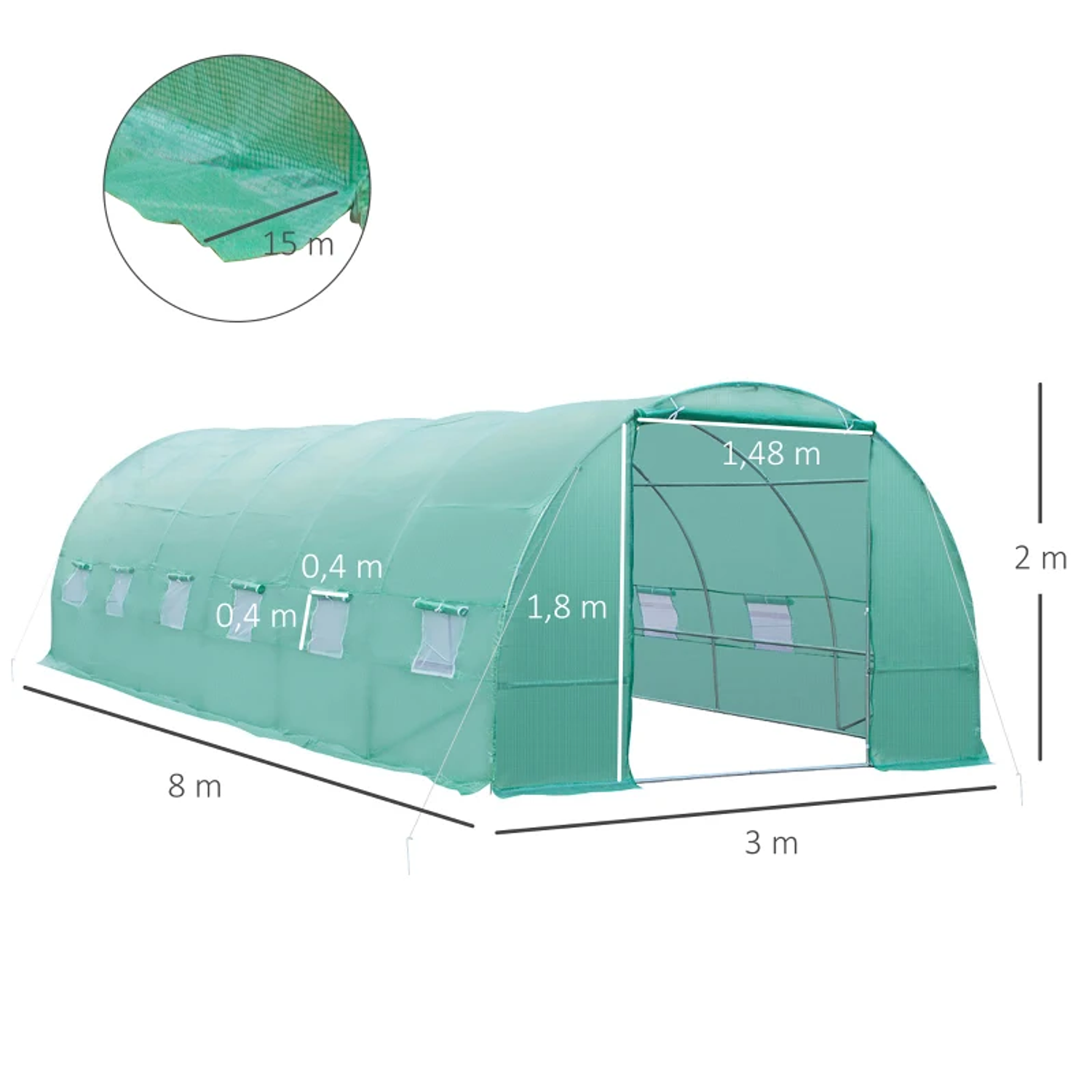 Invernadero tipo túnel 8x3x2m Acero y PE 140 g/m² Invernadero para Cultivo de Tomate Plantas Verdes con 12 Ventanas y Puerta Enrollable Verde 2