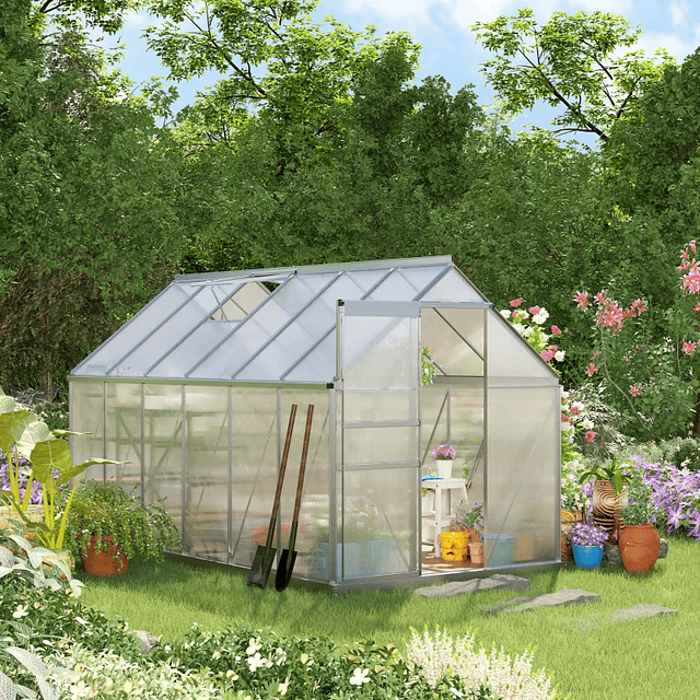 Polycarbonate and Aluminum Garden Greenhouse Outdoor Greenhouse with Sliding Door and 2 Skylights for Cultivating Seed Plants 190x375x199cm Transparent