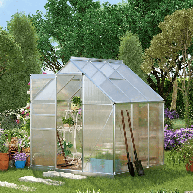 Invernadero de jardín de policarbonato y aluminio Invernadero de exterior con puerta corredera y 2 tragaluces para cultivar plantas con semillas 190x190x200cm Transparente