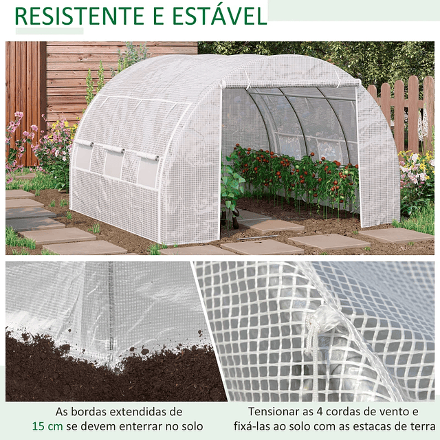 Estufa Tipo Túnel 3x3x2m Estufa de Jardim com Porta Enrolável 6 Janelas Cobertura de PE 140g/m² e Metal Galvanizado para Cultivos de Plantas Verduras Branco 