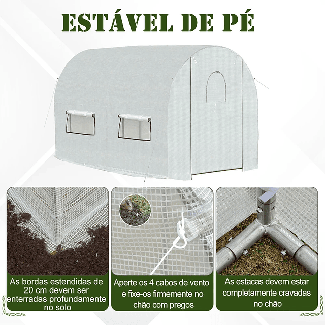 Estufa de Jardim Tipo Túnel com janelas e portas Cobertura PE Estrutura de aço 295x200x190cm Branco 