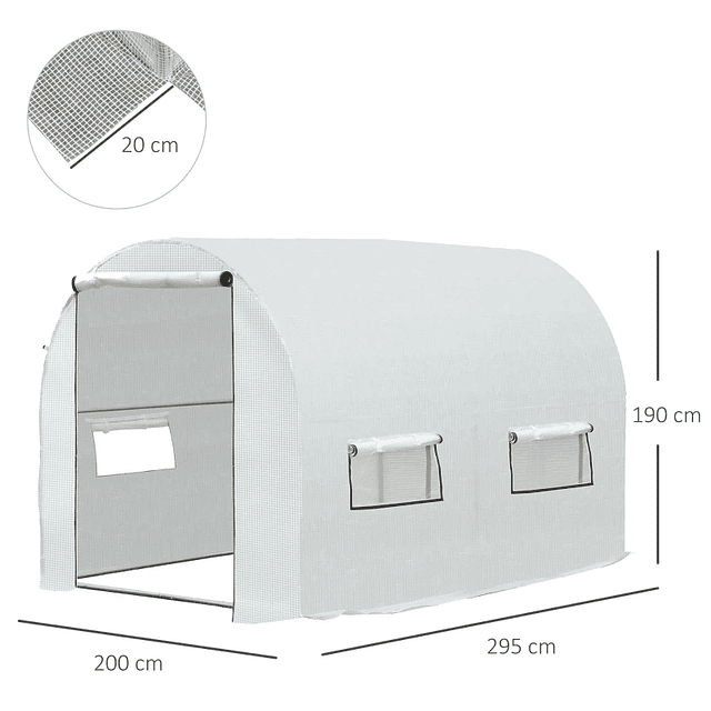 Invernadero de jardín tipo túnel con ventanas y puertas Techo de PE Estructura de acero 295x200x190cm Blanco