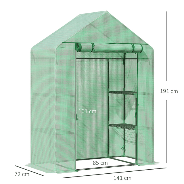 Estufa de Jardim 141x72x191cm Estufa com 4 Prateleiras Porta Enrolável Cobertura de PE 140g/m² e Estrutura de Aço para Cultivos de Plantas Flores Verde 