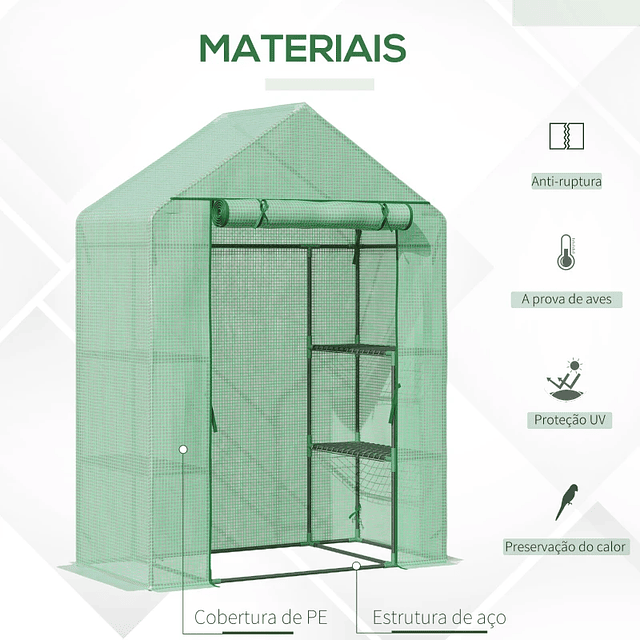 Estufa de Jardim 141x72x191cm Estufa com 4 Prateleiras Porta Enrolável Cobertura de PE 140g/m² e Estrutura de Aço para Cultivos de Plantas Flores Verde 