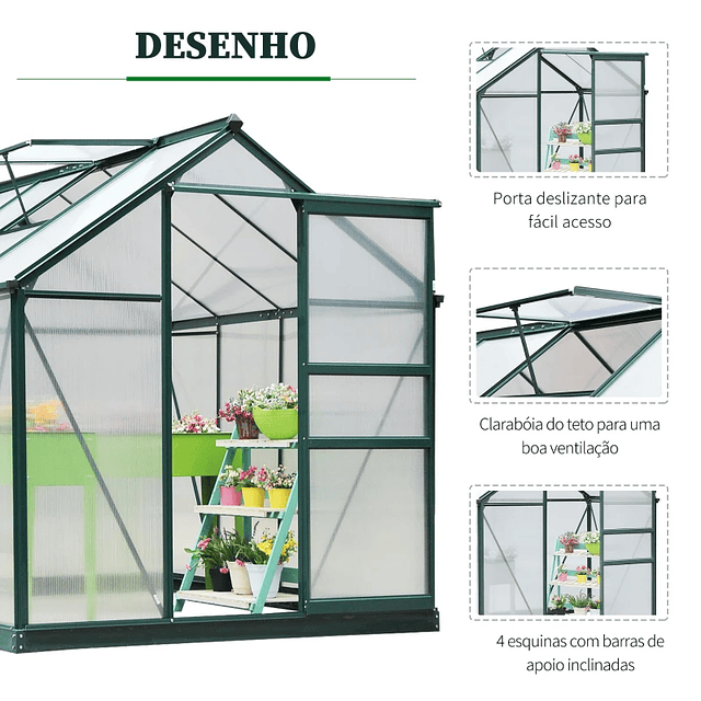 Estufa de Jardim 2x2,5m de Policarbonato e Alumínio Estufa com Clarabóia Proteção UV 30 e Base 4,79 m² para Vasos Cultivos de Plantas e Flores Transparente 