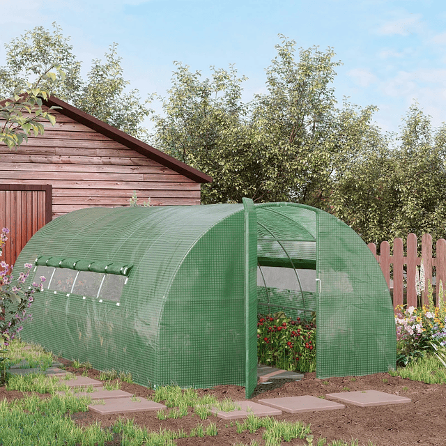 Invernadero tipo túnel 570x292x197cm con puerta y ventanas Invernadero de jardín grande con cubierta de PE y metal galvanizado para cultivar plantas verdes