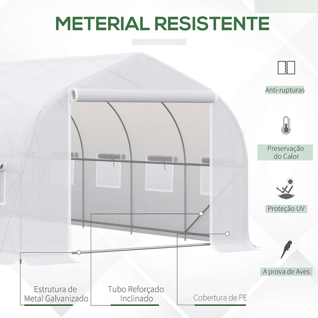 Estufa Tipo Túnel 595x300x200cm Estufa de Jardim Grande com 12 Janelas e Porta Enrolável com Zíper para Cultivo de Plantas Branco 