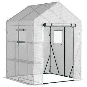 Invernadero de jardín 143x143x195cm Invernadero de acero con puerta de 2 estantes y 2 ventanas enrollables para cultivar plantas en maceta Patio al aire libre Blanco