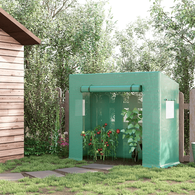 Invernadero de Jardín con Tubos de Acero 1 Puerta y 2 Ventanas Enrollables 200x73x150-168 cm Verde