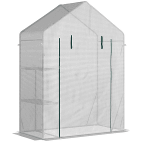 Invernadero de jardín 143x73x195cm Invernadero de acero con 2 estantes y puerta enrollable para cultivar plantas Flores en maceta Patio al aire libre Blanco