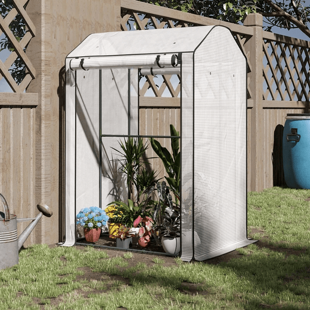 Invernadero de jardín Invernadero con puerta enrollable 8 orificios de ventilación y estructura metálica para el cultivo de plantas 100x80x150cm Blanco