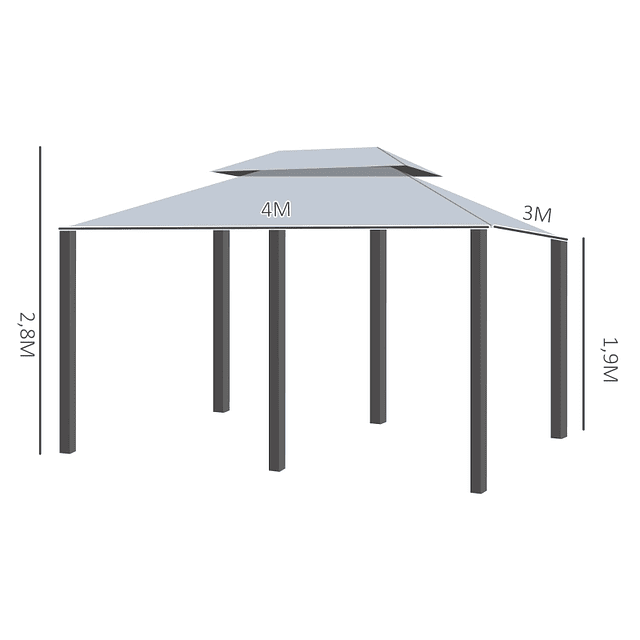 Pérgola de Jardim com Estrutura de Aço Teto Duplo 6 Cortinas Laterais 8 Orifícios de Drenagem 300x400x280 cm Cinza 