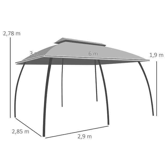 Pérgola de Jardín 3x6m con Doble Techo con 6 Mosquiteras Cremalleras y Estructura Metálica Gris Oscuro