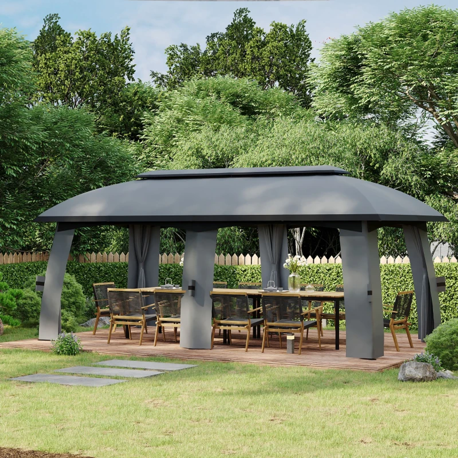 Garden Pergola 3x6m with Double Roof with 6 Zipper Mosquito Screens and Dark Gray Metal Structure 9