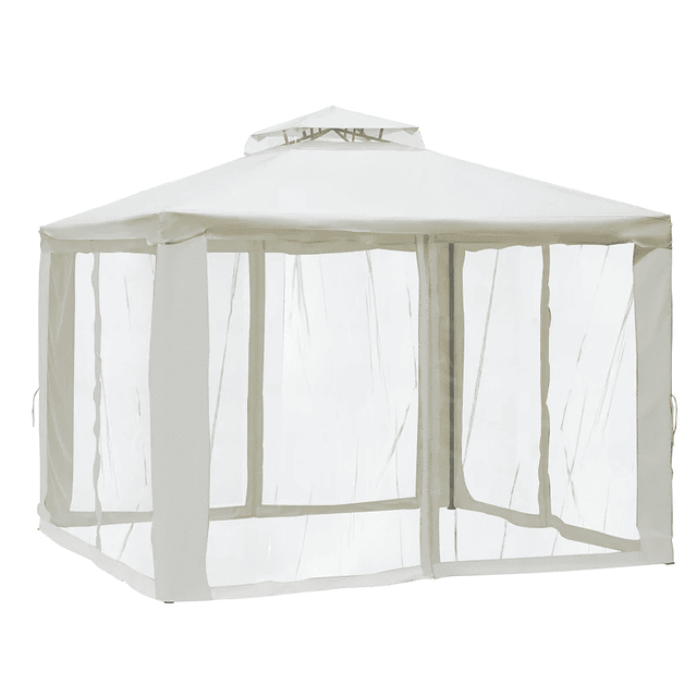 Pérgola de Jardim 3x3m Pérgola de Exterior com Duplo Teto de Ventilação 4 Cortinas Laterais 4 Orifícios de Drenagem e 4 Telas Mosquiteiras com Zíper para Festas Pátio Creme 