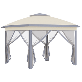 Pérgola de exterior plegable con techo doble regulable en altura 4 mosquiteras extraíbles y bolsa de transporte 3,3x3,3 m beige