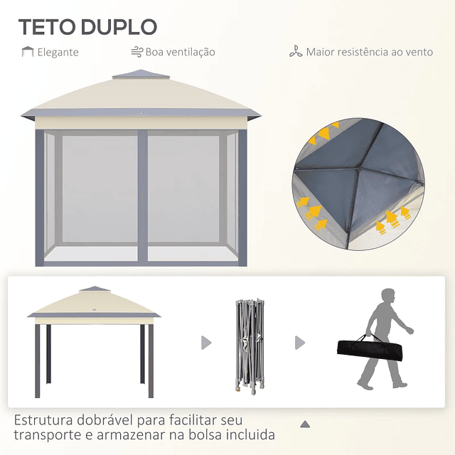 Pérgola de exterior plegable con techo doble regulable en altura 4 mosquiteras extraíbles y bolsa de transporte 3,3x3,3 m beige