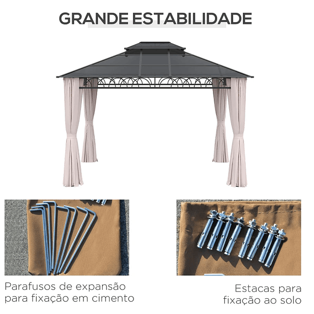 Pérgola de Jardim 3,6x3m com Teto Duplo de Policarbonato 4 Cortinas Laterais Mosquiteiras com Zíper Preto Cinza e Cáqui