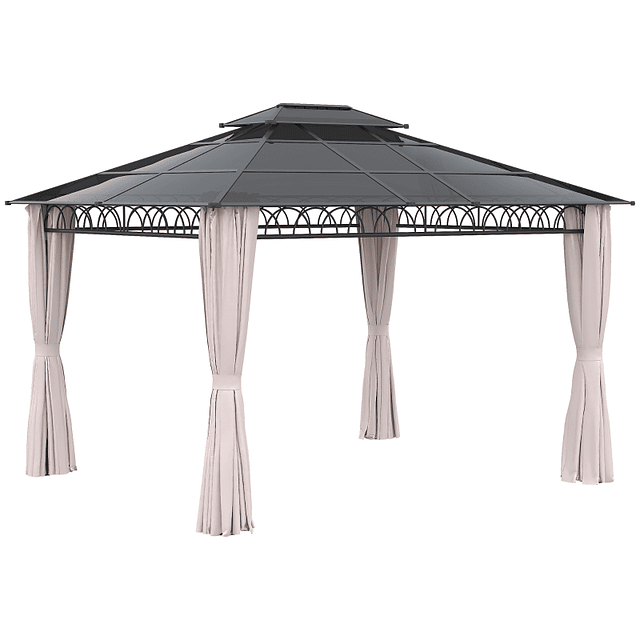 Pérgola de Jardim 3,6x3m com Teto Duplo de Policarbonato 4 Cortinas Laterais Mosquiteiras com Zíper Preto Cinza e Cáqui