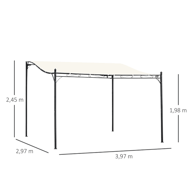 Pérgola de Jardín 3,97x2,97m Pérgola con Toldo y 4 Orificios de Desagüe para Patio Terraza Metal y Poliéster 180 g/m² Crema Resistente