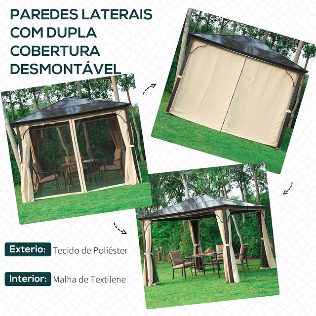 Pérgola de Jardim 3x3m com Pára-ventos e Rede mosquiteira Alumínio, Policarbonato e Poliéster Café e Creme 