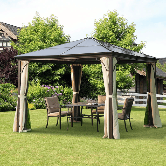 Pérgola de jardín 3x3m con paravientos y mosquitera Aluminio, Policarbonato y Poliéster Café y Crema