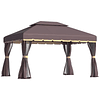 Pérgola de Jardim 3,9x2,9m Pérgola de Alumínio com Teto de Ventilação 4 Cortinas Laterais Tela Mosquiteira e 8 Orifícios de Drenagem para Exterior Pátio Festas Marrom 