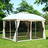 Pérgola Exterior 3x3,65x2,82m en Estructura de Hierro Jardín con Pared Lateral y Mosquitera Color Crema