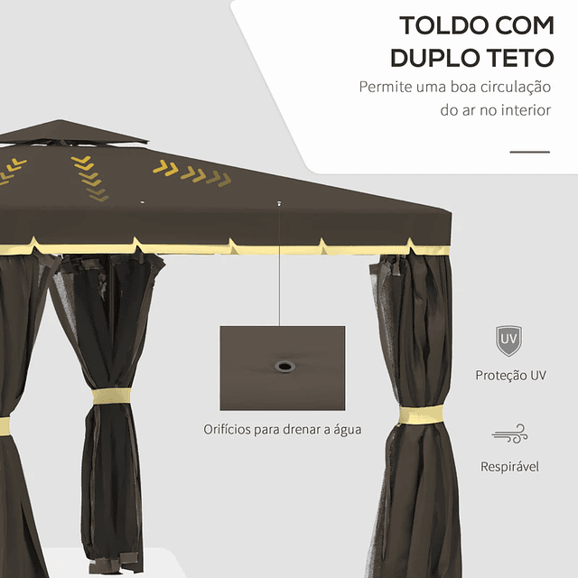 Pérgola de Jardim 3x3m Pérgola de Alumínio de Exterior com Duplo Teto de Ventilação 4 Cortinas Laterais e 4 Telas Mosquiteiras com Zíper para Festas Eventos Café 