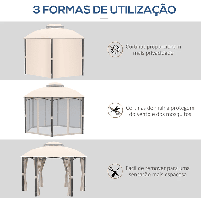 Pérgola de Jardín Hexagonal con Ventilación Doble Techo 6 Cortinas Laterales 6 Mosquiteras con Cremallera 4x4m Caqui