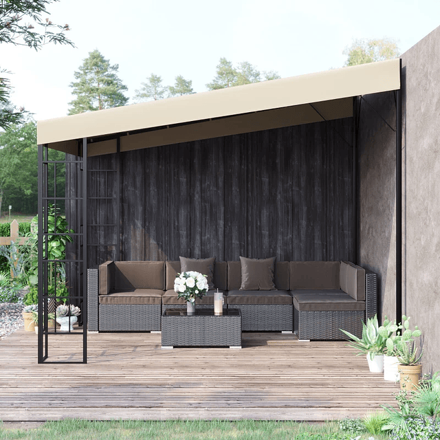 Pérgola de Pared 2,98x2,98 Pérgola de Jardín con Toldo con Protección Solar y 2 Orificios de Desagüe Pérgola Metálica para Fiestas Celebraciones Patio Exterior Beige