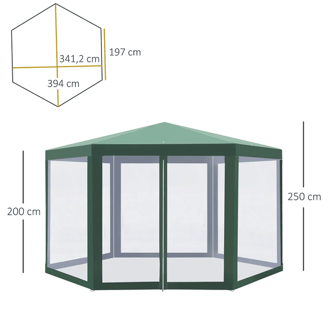 Carpa de jardín hexagonal con mosquitera, puertas con cremallera y orificios de drenaje, 197x250 cm