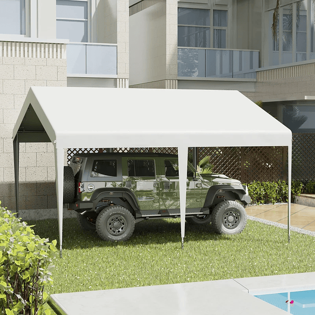 Carpa de garaje para autos 4x4m Carpa de jardín para patio exterior impermeable portátil con accesorios para eventos Fiesta Metal galvanizado Blanco