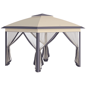 Outdoor Folding Tent 3.3x3.3x2.88m Height Adjustable Garden Pergola with Double Roof 4 Removable Mosquito Nets and Carry Bag for Camping Party Beige