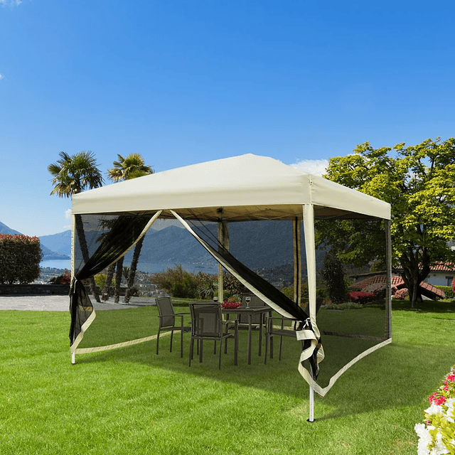 Outdoor 3x3 Folding Tent Portable Garden Tent with Mosquito Nets Carry Bag Steel Frame and Heavy Duty Oxford Fabric Party Camping Beige