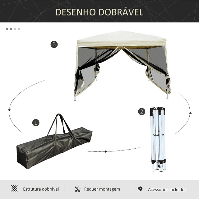 Tenda Dobrável 3x3 para Exterior Tenda Portátil de Jardim com Mosquiteiras Bolsa de Transporte Estrutura de Aço e Tecido Oxford Resistente para Festas Acampamento Bege