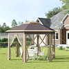 Tenda Dobrável Exterior 4,05x3,4x2,85m com Altura Ajustável Pérgola de Jardim Hexagonal com Teto Duplo Mosquiteiras Removíveis e Bolsa de Transporte para Festas Bege 